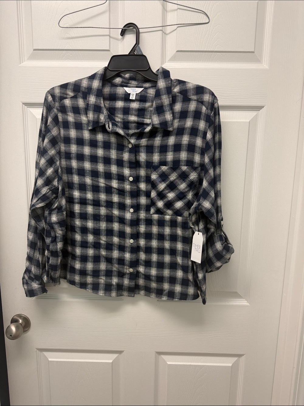 Navy and White Plaid Button-Up Shirt